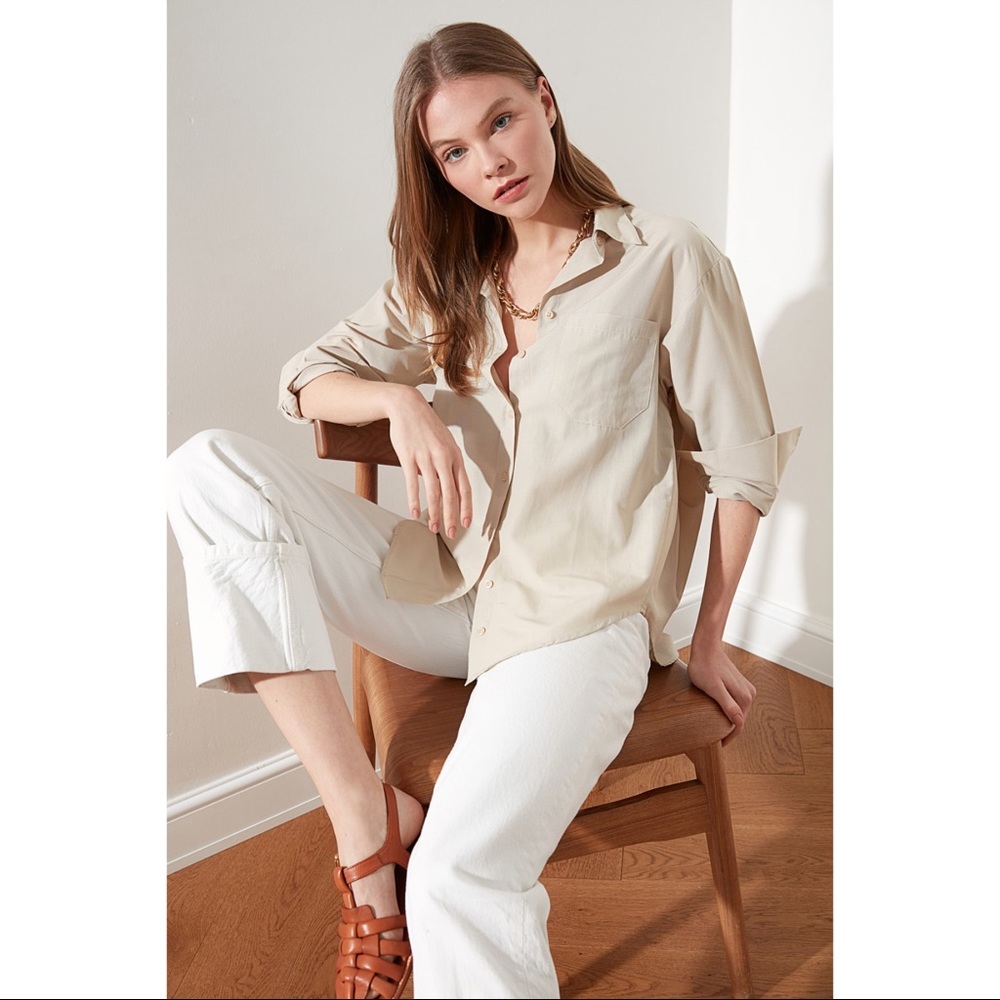 Woman's Tan Solid Loose Fit Button down Shirt